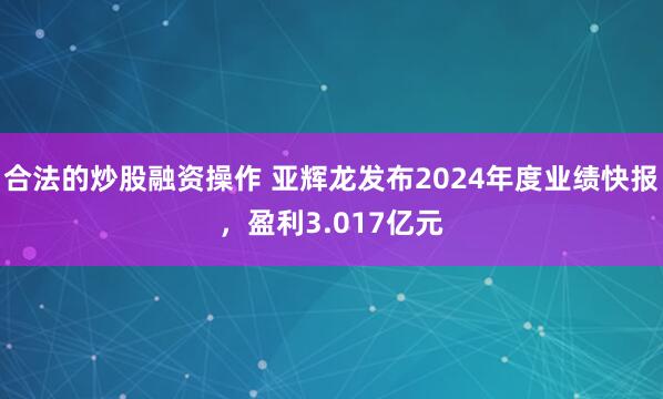 合法的炒股融资操作 亚辉龙发布2024年度业绩快报，盈利3.017亿元